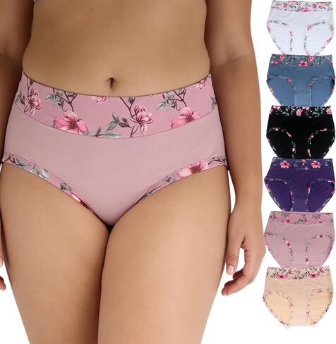 Women's High Waisted Cotton Brief Underwear, Floral Print, Plus Size, 6 Pack in Saudi Arabia
