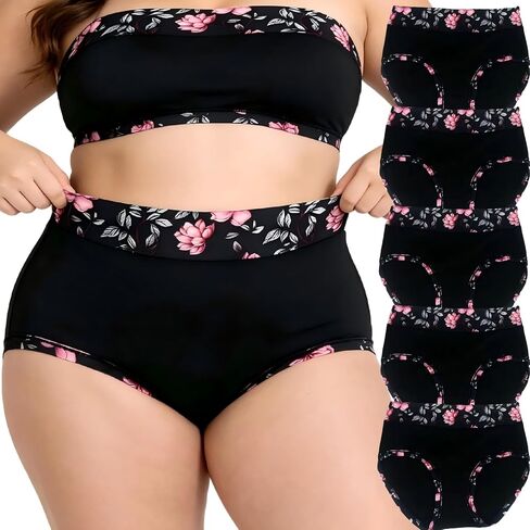 Women's High Waisted Cotton Brief Underwear, Floral Print, Plus Size, 6 Pack in Kuwait