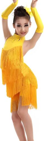 Charque Girl's Sequin Tassel Dress Latin Dance Skirt Clothes Sparkling Fringe Figure Skating Dresses Kids Ballroom Dancewear in Saudi Arabia