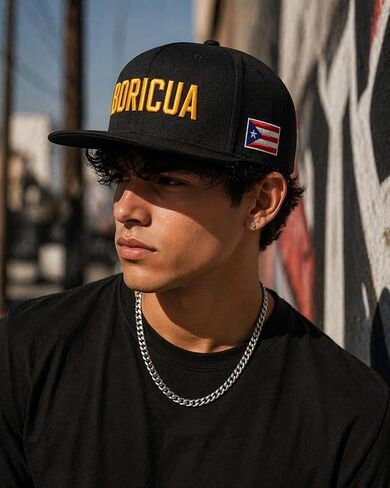 Puerto Rico Boricua Flat Brim Baseball Cap 100% Cotton, Embroidered Snapback Hat with Side Flag Patch, Adjustable Streetwear Hip-Hop Cap for Men & Women, All-Season Wear Black in Saudi Arabia