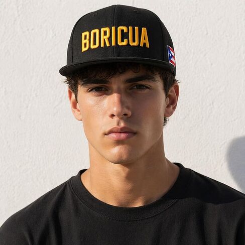 Puerto Rico Boricua Flat Brim Baseball Cap 100% Cotton, Embroidered Snapback Hat with Side Flag Patch, Adjustable Streetwear Hip-Hop Cap for Men & Women, All-Season Wear Black in Saudi Arabia