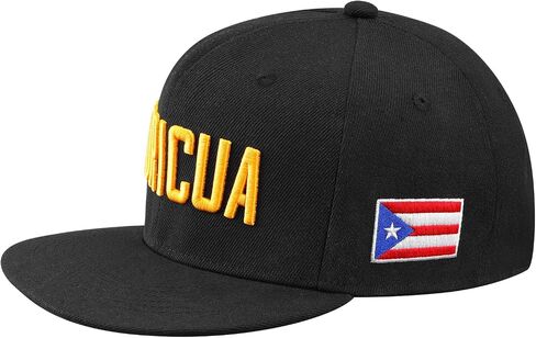 Puerto Rico Boricua Flat Brim Baseball Cap 100% Cotton, Embroidered Snapback Hat with Side Flag Patch, Adjustable Streetwear Hip-Hop Cap for Men & Women, All-Season Wear Black in Saudi Arabia