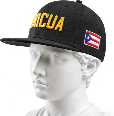 Puerto Rico Boricua Flat Brim Baseball Cap 100% Cotton, Embroidered Snapback Hat with Side Flag Patch, Adjustable Streetwear Hip-Hop Cap for Men & Women, All-Season Wear Black in Saudi Arabia