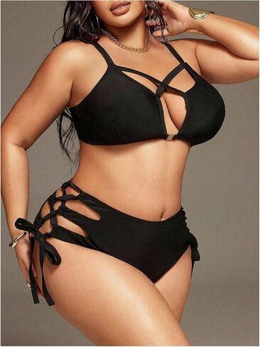 MakeMeChic Women's Plus Size 2 Piece Bikini Set Criss Cross Cut Out Tie Side High Waist Swimsuit in Kuwait