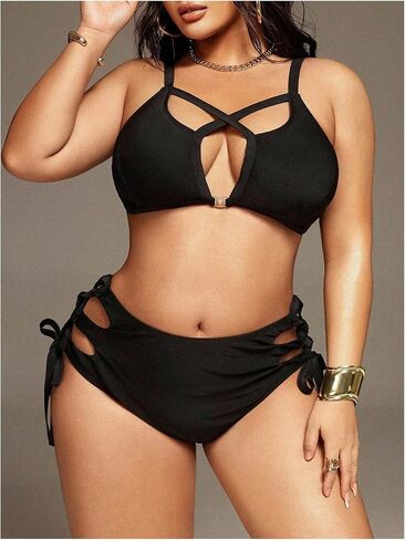MakeMeChic Women's Plus Size 2 Piece Bikini Set Criss Cross Cut Out Tie Side High Waist Swimsuit in Kuwait