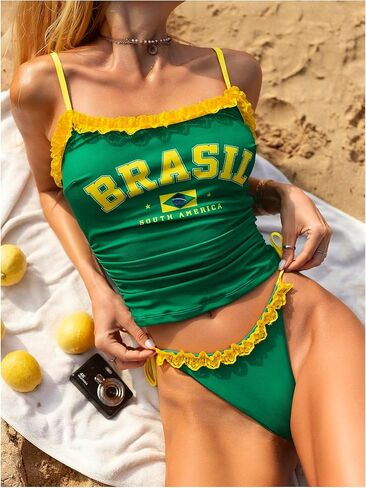MakeMeChic Women's 2 Piece Tankini Sets Brazil Lace Ruched Graphic Print Ruffle High Cut Summer Swimsuits in Kuwait