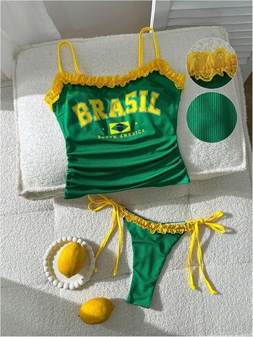MakeMeChic Women's 2 Piece Tankini Sets Brazil Lace Ruched Graphic Print Ruffle High Cut Summer Swimsuits in Kuwait