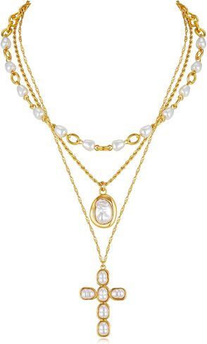 LILIE&WHITE Gold Layered Necklace for Women Chic Imitation Pearl Cross Necklaces Stackable Multi Strand Necklace Jewelry Gift in Kuwait