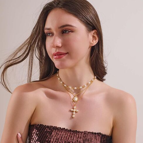 LILIE&WHITE Gold Layered Necklace for Women Chic Imitation Pearl Cross Necklaces Stackable Multi Strand Necklace Jewelry Gift in Kuwait