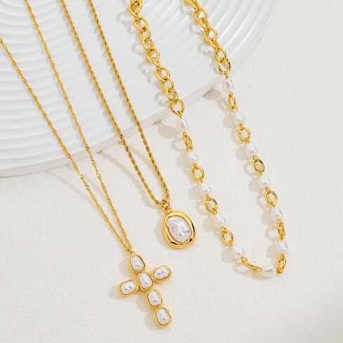 LILIE&WHITE Gold Layered Necklace for Women Chic Imitation Pearl Cross Necklaces Stackable Multi Strand Necklace Jewelry Gift in Kuwait