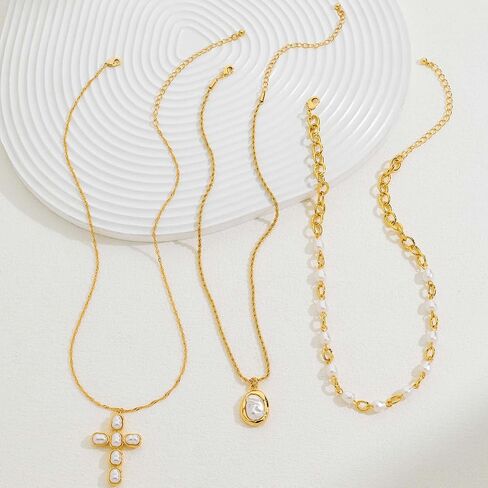LILIE&WHITE Gold Layered Necklace for Women Chic Imitation Pearl Cross Necklaces Stackable Multi Strand Necklace Jewelry Gift in Kuwait