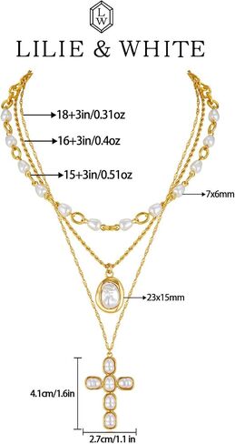 LILIE&WHITE Gold Layered Necklace for Women Chic Imitation Pearl Cross Necklaces Stackable Multi Strand Necklace Jewelry Gift in Kuwait