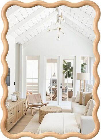 H HOMEWINS Natural Rectangular Mirror for Wall 20x28 Inch Wooden Wavy Bathroom Farmhouse Country Vanity Large Irregular Mirror for Nursery Entryway Living Room in Saudi Arabia