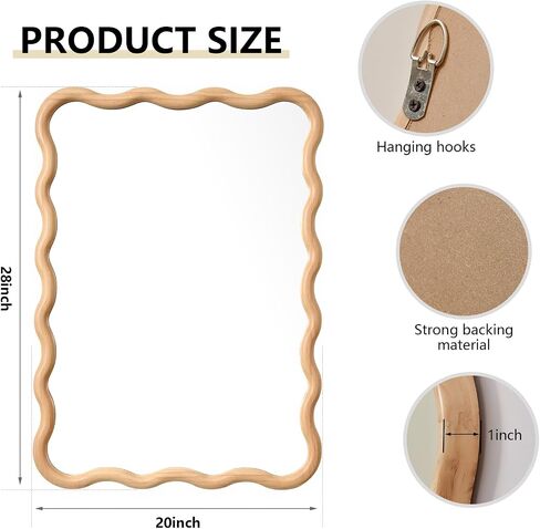 H HOMEWINS Natural Rectangular Mirror for Wall 20x28 Inch Wooden Wavy Bathroom Farmhouse Country Vanity Large Irregular Mirror for Nursery Entryway Living Room in Saudi Arabia