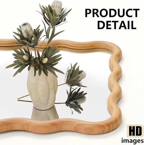 H HOMEWINS Natural Rectangular Mirror for Wall 20x28 Inch Wooden Wavy Bathroom Farmhouse Country Vanity Large Irregular Mirror for Nursery Entryway Living Room in Saudi Arabia
