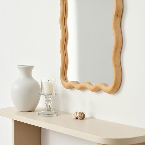 H HOMEWINS Natural Rectangular Mirror for Wall 20x28 Inch Wooden Wavy Bathroom Farmhouse Country Vanity Large Irregular Mirror for Nursery Entryway Living Room in Saudi Arabia