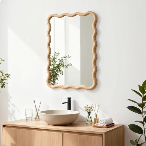 H HOMEWINS Natural Rectangular Mirror for Wall 20x28 Inch Wooden Wavy Bathroom Farmhouse Country Vanity Large Irregular Mirror for Nursery Entryway Living Room in Saudi Arabia