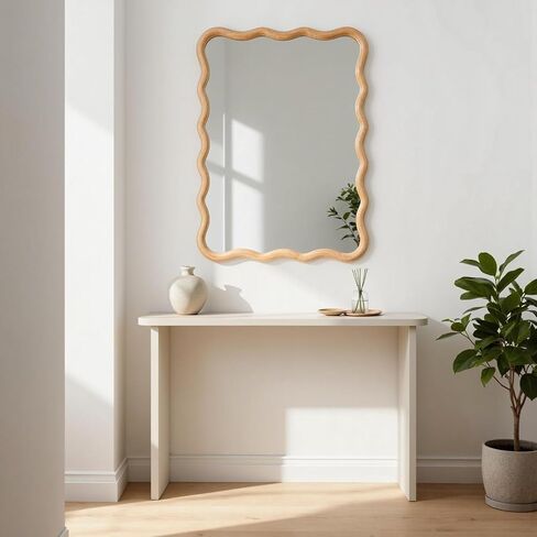 H HOMEWINS Natural Rectangular Mirror for Wall 20x28 Inch Wooden Wavy Bathroom Farmhouse Country Vanity Large Irregular Mirror for Nursery Entryway Living Room in Saudi Arabia