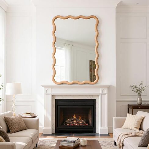 H HOMEWINS Natural Rectangular Mirror for Wall 20x28 Inch Wooden Wavy Bathroom Farmhouse Country Vanity Large Irregular Mirror for Nursery Entryway Living Room in Saudi Arabia