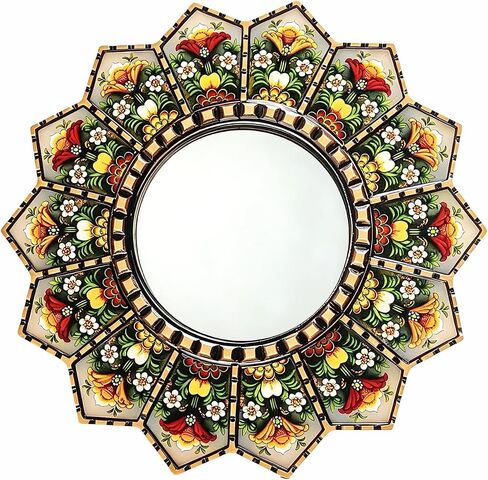 Sunburst Flower Decorative Wall Mirror Mandala Floral Hand-Painted Wooden Frame Shatterproof Acrylic Hanging Mirror Rustic Moroccan Boho Home Decor Farmhouse Wall Accent Mirror for Housewarming Gift in Saudi Arabia