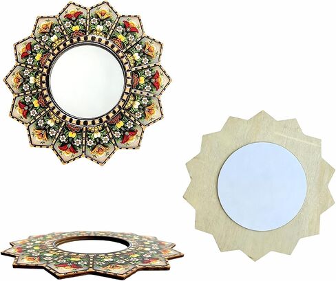 Sunburst Flower Decorative Wall Mirror Mandala Floral Hand-Painted Wooden Frame Shatterproof Acrylic Hanging Mirror Rustic Moroccan Boho Home Decor Farmhouse Wall Accent Mirror for Housewarming Gift in Saudi Arabia