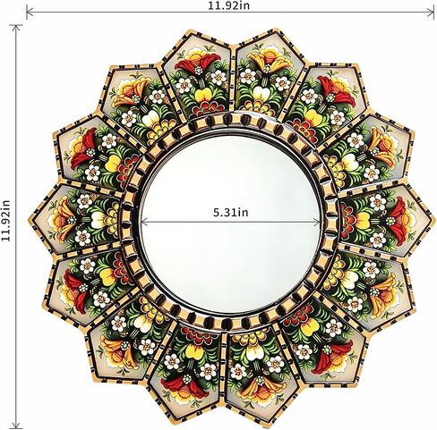 Sunburst Flower Decorative Wall Mirror Mandala Floral Hand-Painted Wooden Frame Shatterproof Acrylic Hanging Mirror Rustic Moroccan Boho Home Decor Farmhouse Wall Accent Mirror for Housewarming Gift in Saudi Arabia