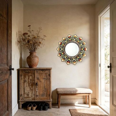 Sunburst Flower Decorative Wall Mirror Mandala Floral Hand-Painted Wooden Frame Shatterproof Acrylic Hanging Mirror Rustic Moroccan Boho Home Decor Farmhouse Wall Accent Mirror for Housewarming Gift in Saudi Arabia