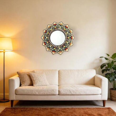 Sunburst Flower Decorative Wall Mirror Mandala Floral Hand-Painted Wooden Frame Shatterproof Acrylic Hanging Mirror Rustic Moroccan Boho Home Decor Farmhouse Wall Accent Mirror for Housewarming Gift in Saudi Arabia