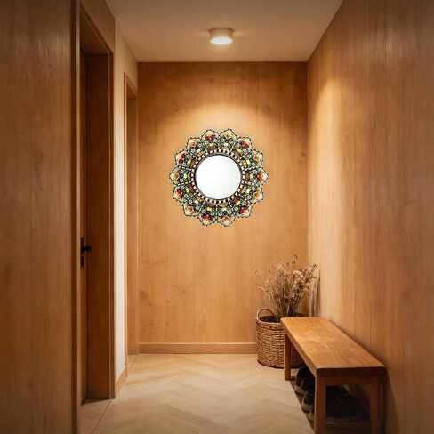 Sunburst Flower Decorative Wall Mirror Mandala Floral Hand-Painted Wooden Frame Shatterproof Acrylic Hanging Mirror Rustic Moroccan Boho Home Decor Farmhouse Wall Accent Mirror for Housewarming Gift in Saudi Arabia