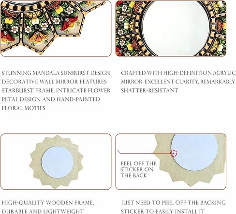 Sunburst Flower Decorative Wall Mirror Mandala Floral Hand-Painted Wooden Frame Shatterproof Acrylic Hanging Mirror Rustic Moroccan Boho Home Decor Farmhouse Wall Accent Mirror for Housewarming Gift in Saudi Arabia
