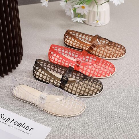 Jelly Mary Jane Flats For Women Lightweight Comfort Round Toe Buckle Strap Clear Ballet Flats Daily Casual Beach Vacation Sandals in Kuwait
