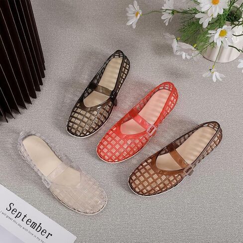 Jelly Mary Jane Flats For Women Lightweight Comfort Round Toe Buckle Strap Clear Ballet Flats Daily Casual Beach Vacation Sandals in Kuwait
