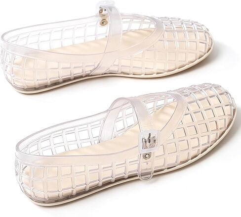 Jelly Mary Jane Flats For Women Lightweight Comfort Round Toe Buckle Strap Clear Ballet Flats Daily Casual Beach Vacation Sandals in Kuwait