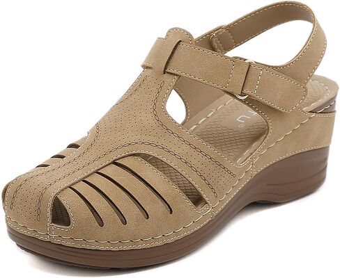 IRCHA Womens Sandals Dressy Casual Summer Sandals Women Fashion Comfortable Wedge Shoes Hook and Loop Bohemian Breathable Walking Shoes Outdoor,Beige,US8/EU39 in Kuwait