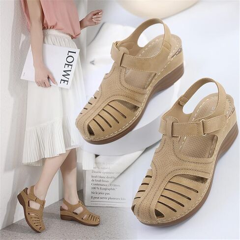 IRCHA Womens Sandals Dressy Casual Summer Sandals Women Fashion Comfortable Wedge Shoes Hook and Loop Bohemian Breathable Walking Shoes Outdoor,Beige,US8/EU39 in Kuwait