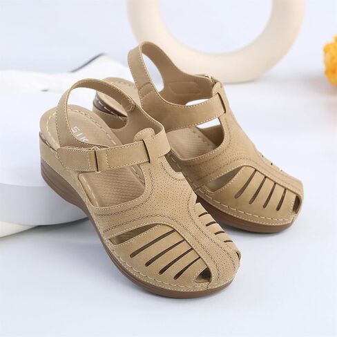 IRCHA Womens Sandals Dressy Casual Summer Sandals Women Fashion Comfortable Wedge Shoes Hook and Loop Bohemian Breathable Walking Shoes Outdoor,Beige,US8/EU39 in Kuwait