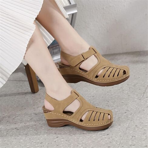 IRCHA Womens Sandals Dressy Casual Summer Sandals Women Fashion Comfortable Wedge Shoes Hook and Loop Bohemian Breathable Walking Shoes Outdoor,Beige,US8/EU39 in Kuwait