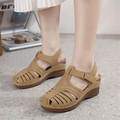 IRCHA Womens Sandals Dressy Casual Summer Sandals Women Fashion Comfortable Wedge Shoes Hook and Loop Bohemian Breathable Walking Shoes Outdoor,Beige,US8/EU39 in Kuwait