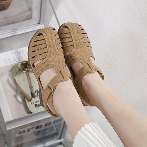 IRCHA Womens Sandals Dressy Casual Summer Sandals Women Fashion Comfortable Wedge Shoes Hook and Loop Bohemian Breathable Walking Shoes Outdoor,Beige,US8/EU39 in Kuwait