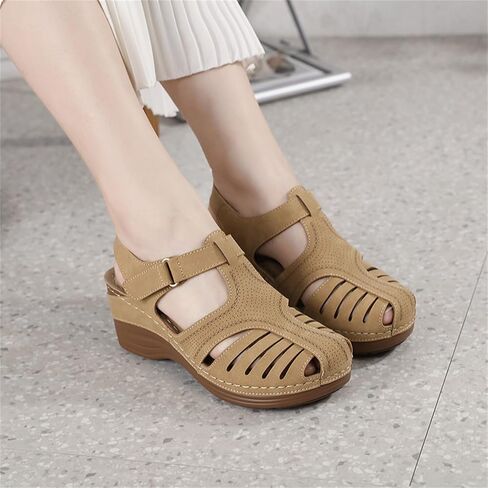 IRCHA Womens Sandals Dressy Casual Summer Sandals Women Fashion Comfortable Wedge Shoes Hook and Loop Bohemian Breathable Walking Shoes Outdoor,Beige,US8/EU39 in Kuwait