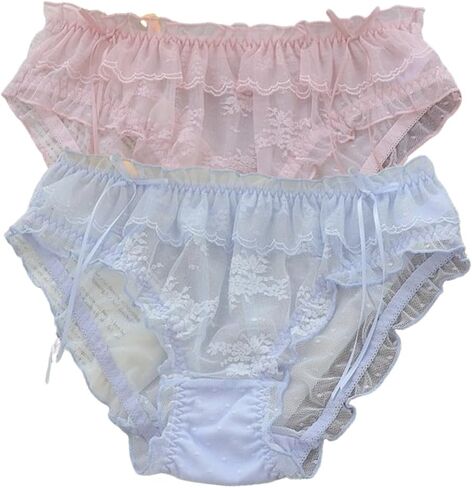 Women’s Underwear Cotton Panties Plus Size Lace Ruffled Plaid Bow Knot Cute Kawaii Japanese Underwear 2 Pack in Kuwait