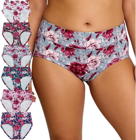 Women's plus Floral Print Underwear, 6 Pack, Cotton Blend, Mid-Rise Brief Panties, Multicolor in Saudi Arabia