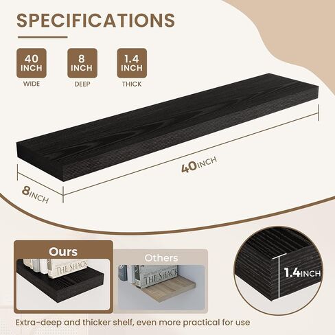 Dreamland Deep Floating Shelves, 8" Deep Long Shelves Set of 2, 40 Inches Floating Shelf for Wall,Large Display & Storage Shelf for Bathroom Bedroom Living Room Kitchen Office, Black in Saudi Arabia