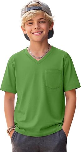 Boys' V-Neck T-Shirts Pocket Short Sleeve Loose Fit Shirts Casual Summer Workout Basic Tee for 5-14 Years Kids in Saudi Arabia