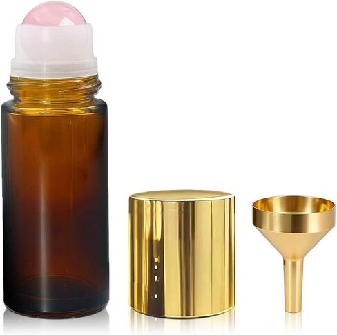Rose Quartz Roller Bottles for Oils, 50ml Refillable Amber Glass Roll On Bottles with Natural Crystal Roller Balls, Leak-Proof Travel Perfume Bottle with Gold Caps in Saudi Arabia