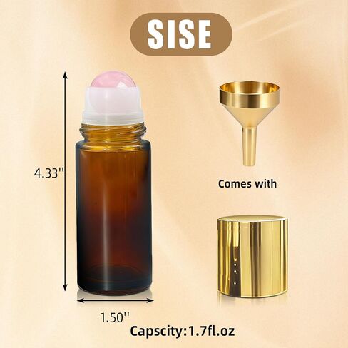 Rose Quartz Roller Bottles for Oils, 50ml Refillable Amber Glass Roll On Bottles with Natural Crystal Roller Balls, Leak-Proof Travel Perfume Bottle with Gold Caps in Saudi Arabia