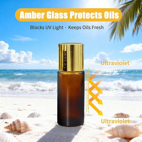 Rose Quartz Roller Bottles for Oils, 50ml Refillable Amber Glass Roll On Bottles with Natural Crystal Roller Balls, Leak-Proof Travel Perfume Bottle with Gold Caps in Saudi Arabia