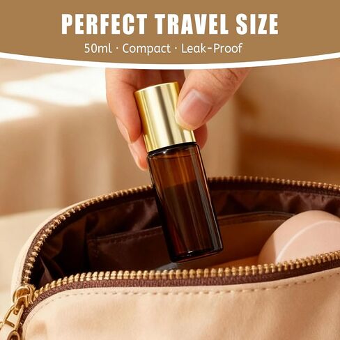 Rose Quartz Roller Bottles for Oils, 50ml Refillable Amber Glass Roll On Bottles with Natural Crystal Roller Balls, Leak-Proof Travel Perfume Bottle with Gold Caps in Saudi Arabia