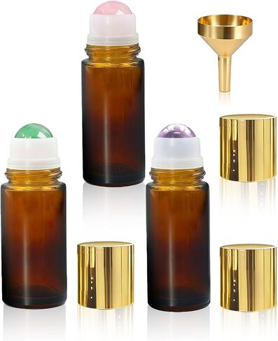 Rose Quartz Roller Bottles for Oils, 50ml Refillable Amber Glass Roll On Bottles with Natural Crystal Roller Balls, Leak-Proof Travel Perfume Bottle with Gold Caps in Saudi Arabia