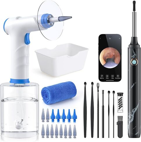 Earwax Removal - Electric Ear Irrigation Kit with 4 Pressure Modes, Ear Cleaner with Camera, 1080P Otoscope, Ear Cleaning Tool with 7-Piece Set, Earwax Removal Kit for Daily Cleaning(White) in Saudi Arabia